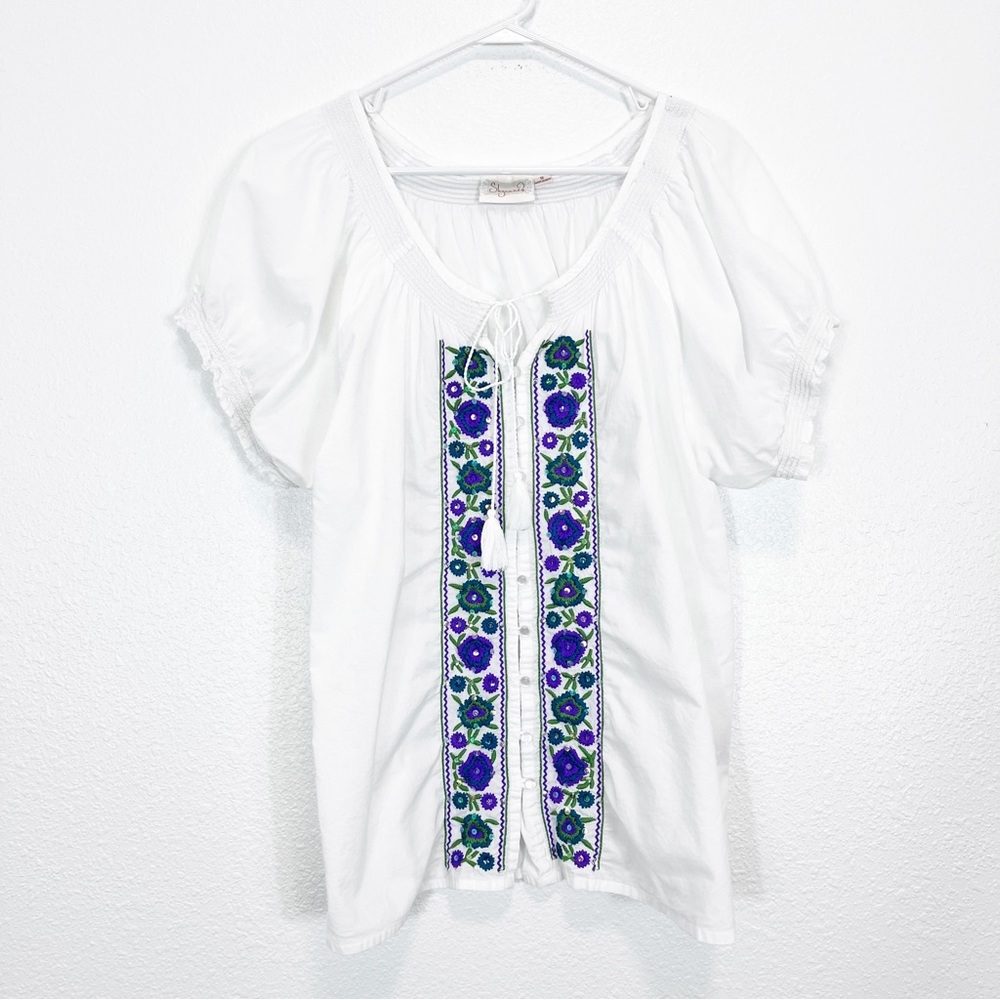 Shyanne White Shirt Puffy Sleeve Button Down Embroidered Floral Top 1X